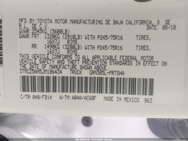 3TMCZ5AN5JM186434 Toyota Tacoma Sr V6