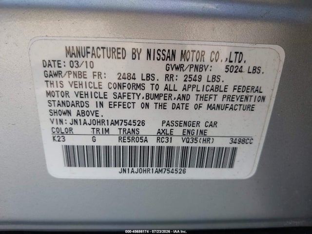 Продажа на аукционе авто 2010 Infiniti Ex35 Journey, vin: JN1AJ0HR1AM754526, номер лота: 45686174