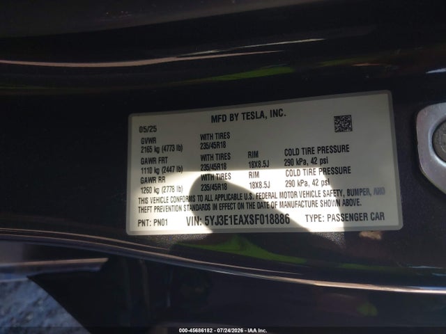 Aukcja sprzedaży 2025 Tesla Model 3 Long Range Rear-wheel Drive/standard Rear-wheel Drive, vin: 5YJ3E1EAXSF018886, numer aukcji: 45686182