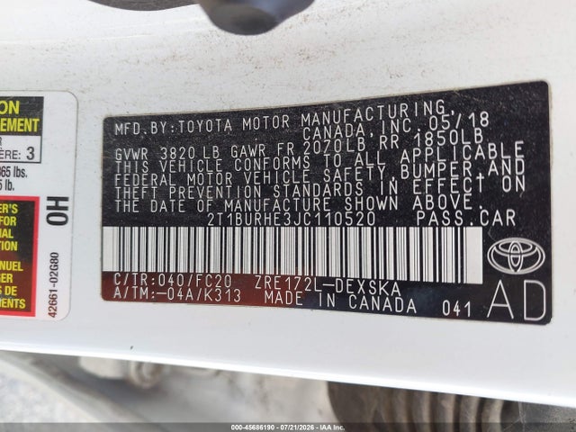 2018 Toyota Corolla Se მანქანა იყიდება აუქციონზე, vin: 2T1BURHE3JC110520, აუქციონის ნომერი: 45686190