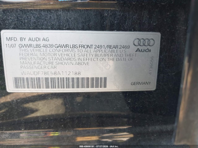 45686191 :رقم المزاد ، WAUDF78E58A112188 vin ، 2008 Audi A4 2.0t مزاد بيع