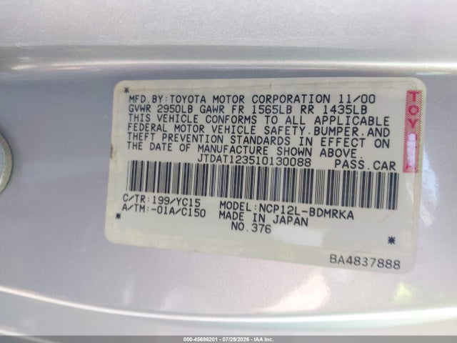 2001 Toyota Echo მანქანა იყიდება აუქციონზე, vin: JTDAT123510130088, აუქციონის ნომერი: 45686201