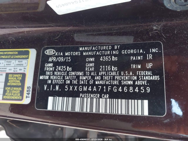 Aukcja sprzedaży 2015 Kia Optima Lx, vin: 5XXGM4A71FG468459, numer aukcji: 45686227
