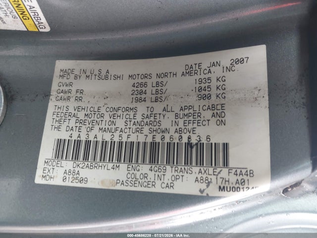 Продаж на аукціоні авто 2007 Mitsubishi Eclipse Gs, vin: 4A3AL25F17E060836, номер лоту: 45686228