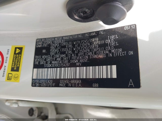 45686234 :رقم المزاد ، 5TDDK3EH9CS154297 vin ، 2012 Toyota Highlander Limited V6 مزاد بيع