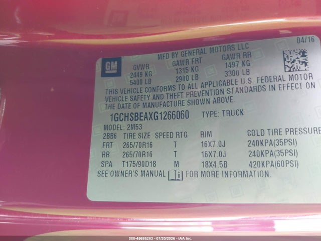 1GCHSBEAXG1266060 Chevrolet Colorado 2wd Wt