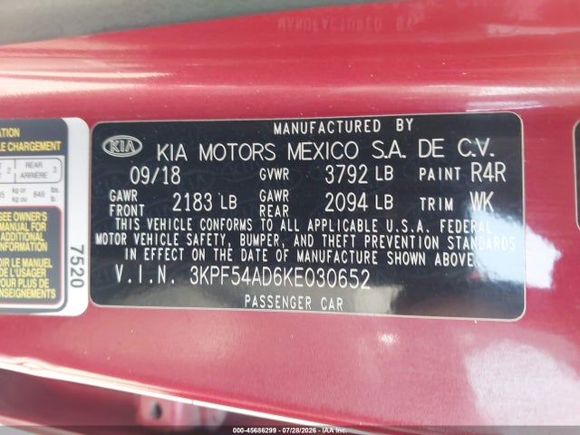 2019 Kia Forte Ex მანქანა იყიდება აუქციონზე, vin: 3KPF54AD6KE030652, აუქციონის ნომერი: 45686299