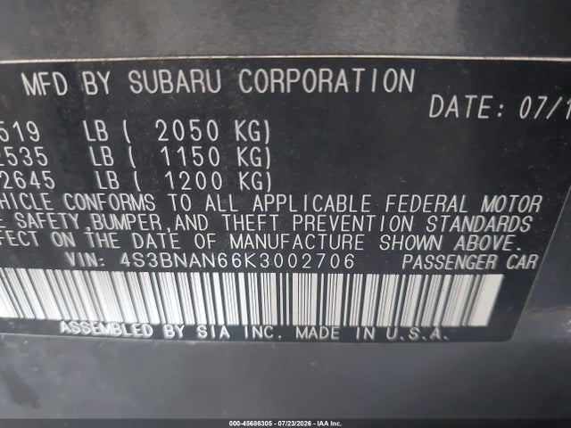 Продажа на аукционе авто 2019 Subaru Legacy 2.5i Limited, vin: 4S3BNAN66K3002706, номер лота: 45686305