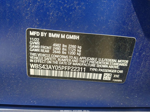 2023 Bmw M3 Competition Xdrive მანქანა იყიდება აუქციონზე, vin: WBS43AY05PFP22311, აუქციონის ნომერი: 45686314