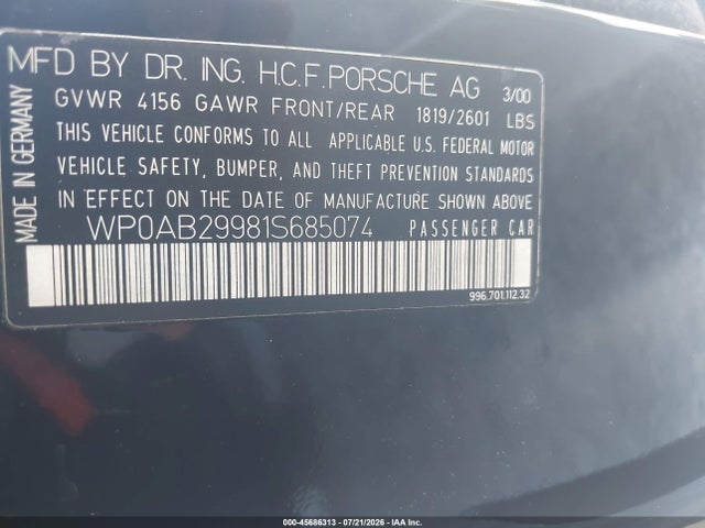Продаж на аукціоні авто 2001 Porsche 911 Turbo, vin: WP0AB29981S685074, номер лоту: 45686313