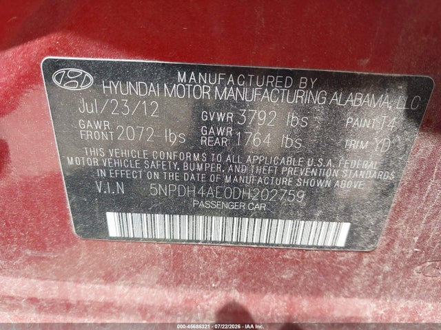 2013 Hyundai Elantra Limited მანქანა იყიდება აუქციონზე, vin: 5NPDH4AE0DH202759, აუქციონის ნომერი: 45686321