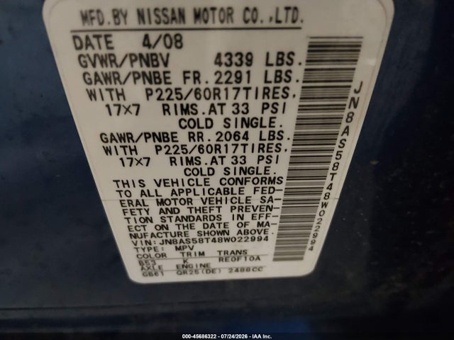 45686322 :رقم المزاد ، JN8AS58T48W022994 vin ، 2008 Nissan Rogue Sl مزاد بيع