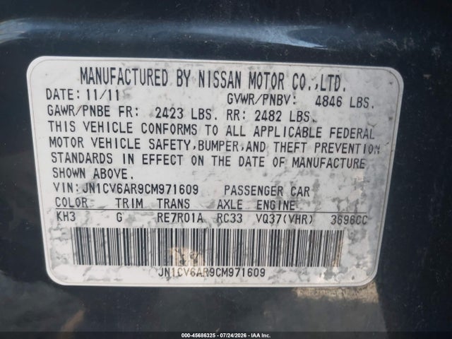 45686325 :رقم المزاد ، JN1CV6AR9CM971609 vin ، 2012 Infiniti G37x مزاد بيع