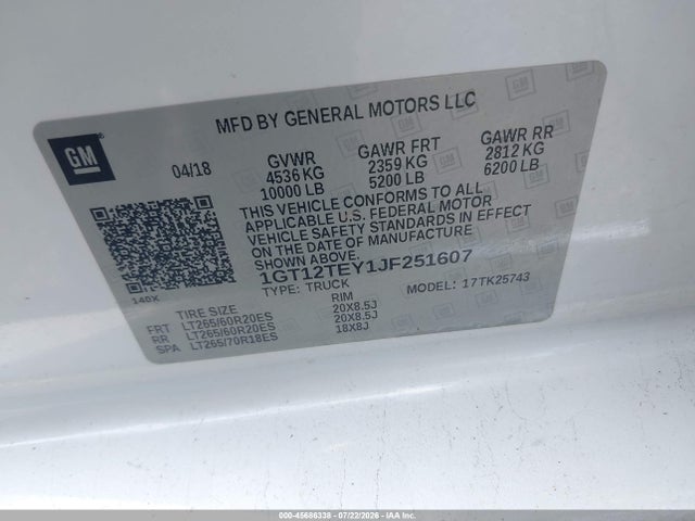 Aukcja sprzedaży 2018 Gmc Sierra 2500hd Slt, vin: 1GT12TEY1JF251607, numer aukcji: 45686338