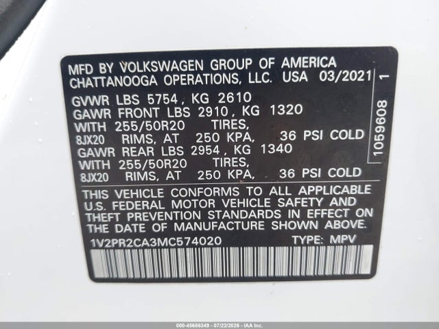 1V2PR2CA3MC574020 Volkswagen Atlas 3.6l V6 Se W/technology R-line