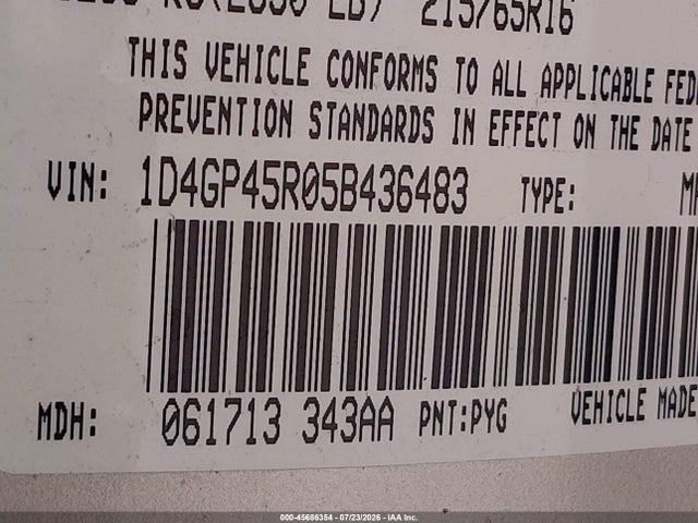 Продаж на аукціоні авто 2005 Dodge Caravan Sxt, vin: 1D4GP45R05B436483, номер лоту: 45686354