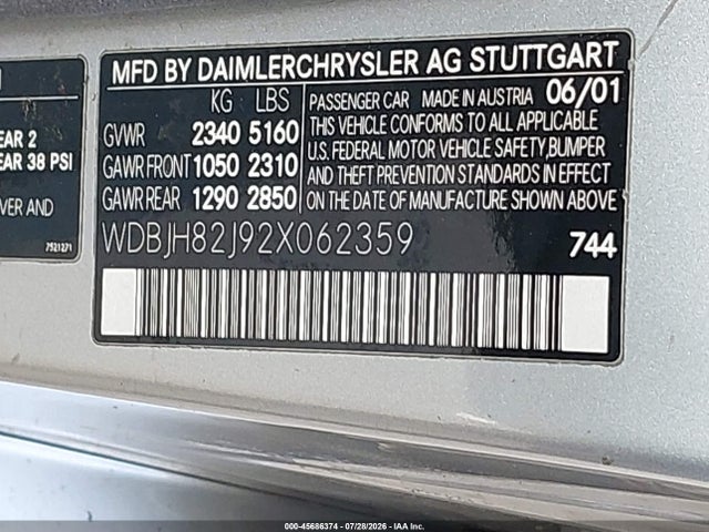 45686374 :رقم المزاد ، WDBJH82J92X062359 vin ، 2002 Mercedes-benz E 320 4m مزاد بيع