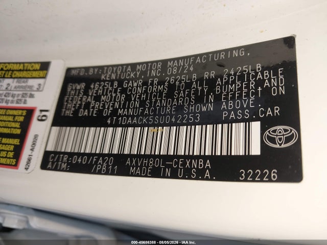 45686388 :رقم المزاد ، 4T1DAACK5SU042253 vin ، 2025 Toyota Camry Le مزاد بيع