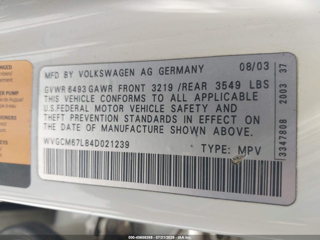 2004 Volkswagen Touareg V8 მანქანა იყიდება აუქციონზე, vin: WVGCM67L84D021239, აუქციონის ნომერი: 45686389