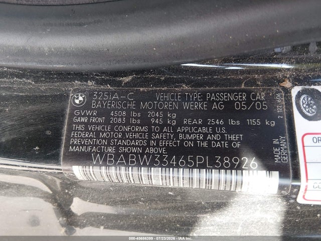 Продаж на аукціоні авто 2005 Bmw 325ci, vin: WBABW33465PL38926, номер лоту: 45686399