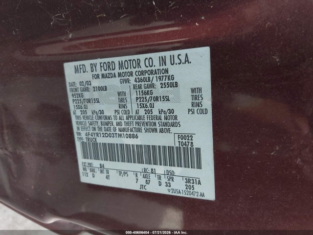 Aukcja sprzedaży 2003 Mazda B2300, vin: 4F4YR12D03TM10886, numer aukcji: 45686404