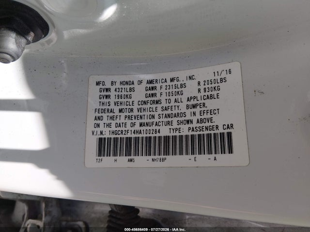 Продаж на аукціоні авто 2017 Honda Accord Sport Se, vin: 1HGCR2F14HA100284, номер лоту: 45686409