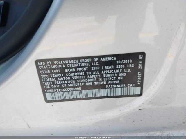 Продаж на аукціоні авто 2019 Volkswagen Passat 2.0t Wolfsburg Edition, vin: 1VWLA7A3XKC005295, номер лоту: 45686413