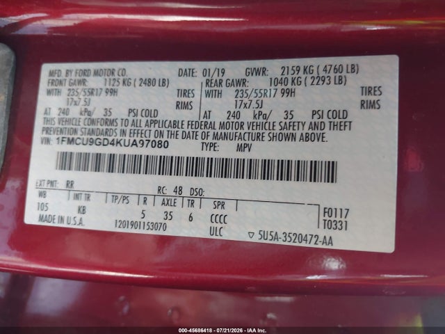 Ford ESCAPE SE 2019 1FMCU9GD4KUA97080 Image 9