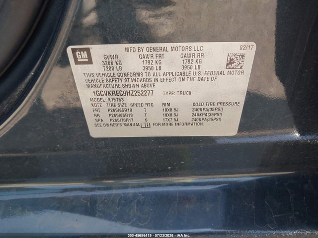 45686419 :رقم المزاد ، 1GCVKREC9HZ252277 vin ، 2017 Chevrolet Silverado 1500 2lt مزاد بيع