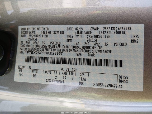 Aukcja sprzedaży 2024 Ford F-150 Stx, vin: 1FTEX2KP0RKD23957, numer aukcji: 45686440