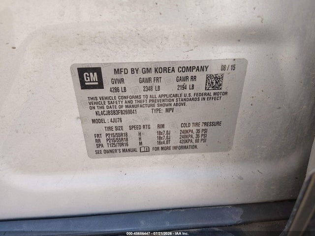 Продаж на аукціоні авто 2015 Buick Encore Convenience, vin: KL4CJBSB3FB269041, номер лоту: 45686447