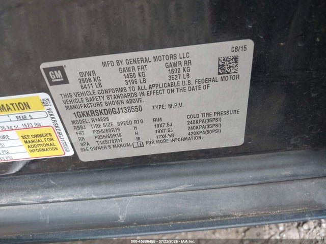 Продаж на аукціоні авто 2016 Gmc Acadia Slt-2, vin: 1GKKRSKD6GJ138550, номер лоту: 45686455