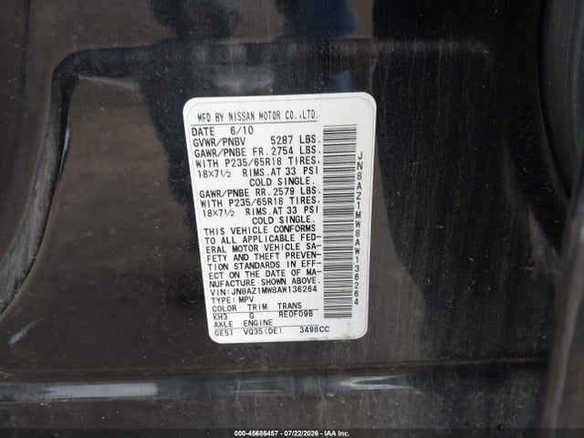 Продажа на аукционе авто 2010 Nissan Murano Sl, vin: JN8AZ1MW8AW136264, номер лота: 45686457