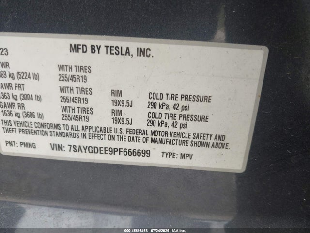 Aukcja sprzedaży 2023 Tesla Model Y, vin: 7SAYGDEE9PF666699, numer aukcji: 45686468
