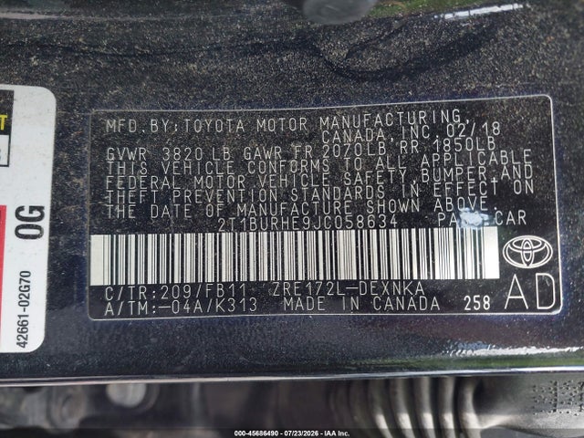 45686490 :رقم المزاد ، 2T1BURHE9JC058634 vin ، 2018 Toyota Corolla Le مزاد بيع