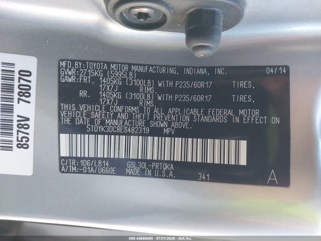 5TDYK3DC8ES482319 Toyota Sienna Xle V6 8 Passenger