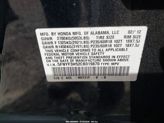 Продажа на аукционе авто 2012 Honda Pilot Ex-l, vin: 5FNYF3H52CB019870, номер лота: 45686500
