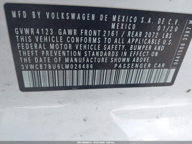2020 Volkswagen Jetta 1.4t R-line/1.4t S/1.4t Se მანქანა იყიდება აუქციონზე, vin: 3VWCB7BU6LM026486, აუქციონის ნომერი: 45686513