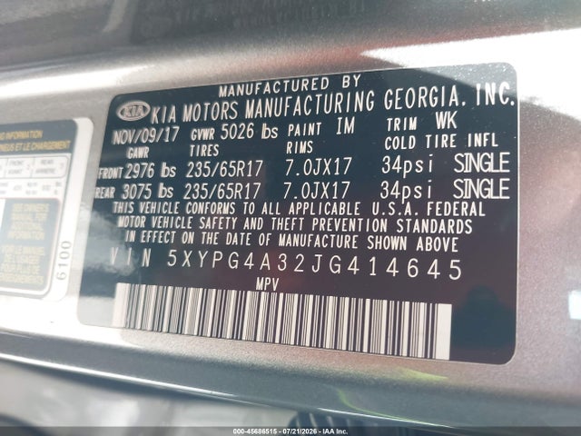 Продаж на аукціоні авто 2018 Kia Sorento 2.4l Lx, vin: 5XYPG4A32JG414645, номер лоту: 45686515