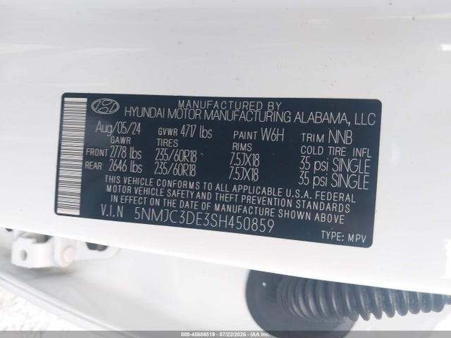 Aukcja sprzedaży 2025 Hyundai Tucson Sel Convenience, vin: 5NMJC3DE3SH450859, numer aukcji: 45686519