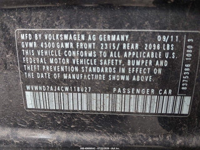 2012 Volkswagen Gti 4-door მანქანა იყიდება აუქციონზე, vin: WVWHD7AJ4CW118027, აუქციონის ნომერი: 45686542