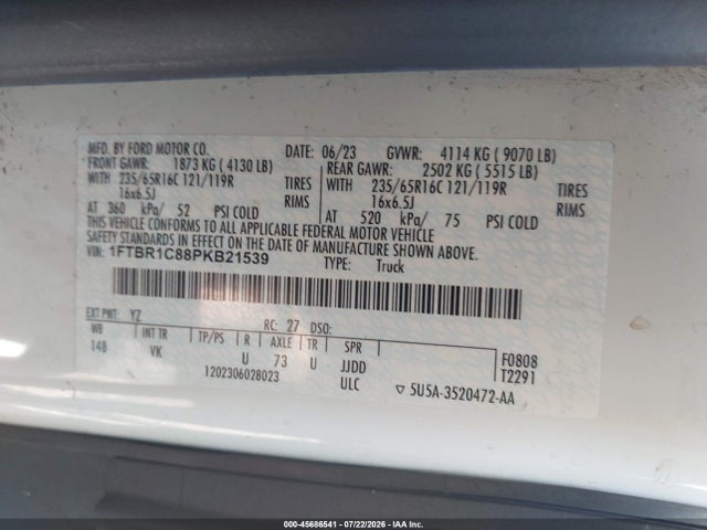 Продажа на аукционе авто 2023 Ford Transit-250, vin: 1FTBR1C88PKB21539, номер лота: 45686541