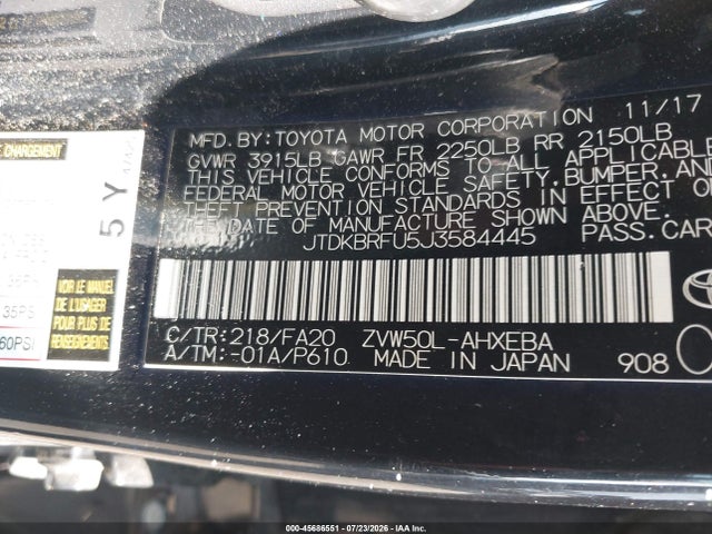 45686551 :رقم المزاد ، JTDKBRFU5J3584445 vin ، 2018 Toyota Prius Two مزاد بيع