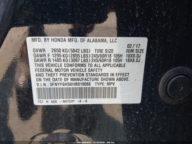 5FNYF6H5XHB019088 Honda Pilot Ex-l