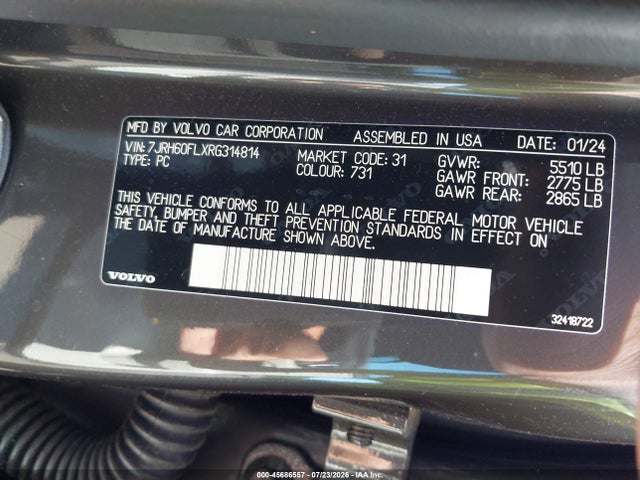 Aukcja sprzedaży 2024 Volvo S60 Recharge Plug-in Hybrid T8 Plus Dark Theme, vin: 7JRH60FLXRG314814, numer aukcji: 45686557