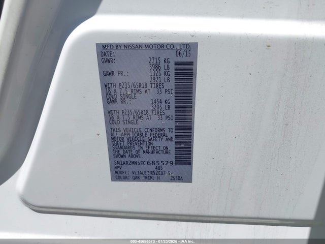 45686570 :رقم المزاد ، 5N1AR2MN5FC685529 vin ، 2015 Nissan Pathfinder Sv مزاد بيع