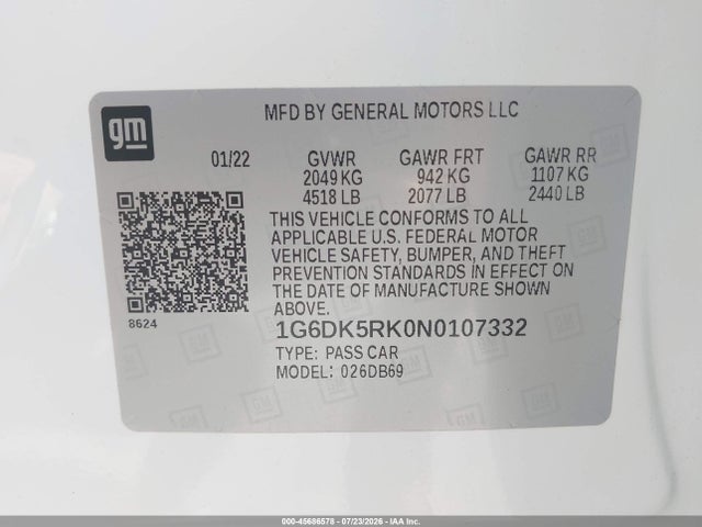 45686578 :رقم المزاد ، 1G6DK5RK0N0107332 vin ، 2022 Cadillac Ct4 Luxury مزاد بيع