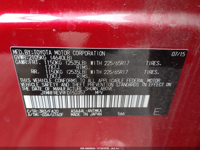 Toyota Rav4 Xle 2015 JTMRFREV9FD152357 Image 9