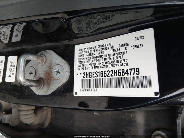 Aukcja sprzedaży 2002 Honda Civic Lx, vin: 2HGES16522H584779, numer aukcji: 45686585