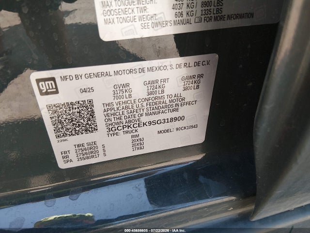 45686605 :رقم المزاد ، 3GCPKCEK9SG318900 vin ، 2025 Chevrolet Silverado 1500 4wd  Short Bed Custom Trail Boss مزاد بيع